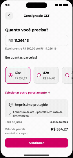 The same screen running on the design system, recorded on a phone: the amount field is edited, the installment options update with their values, the protected-loan card and the interest rate and installment summary follow, and the Continue button waits at the bottom.