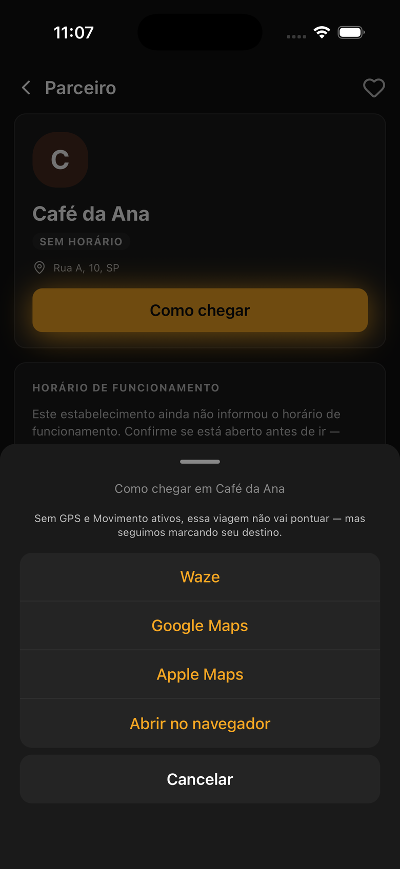 The partner screen for a café with the Directions sheet open. Above the options Waze, Google Maps, Apple Maps and open in browser, a line warns: without GPS and Motion on, this trip will not earn points, but we keep marking your destination.