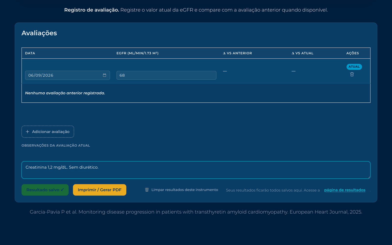 The eGFR instrument on a desktop: the clinical context table, then the assessments table with the date of the current assessment, the eGFR value and the delta columns against the previous and current assessments. Everything typed here stays in that browser.