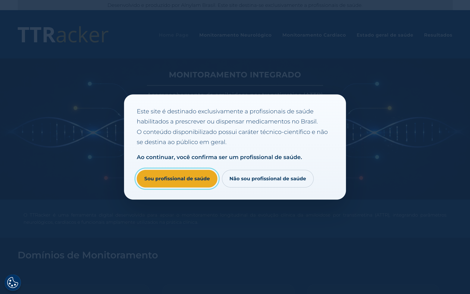 The access gate over the home page: a card saying the site is meant only for health professionals licensed to prescribe or dispense medicines in Brazil, and that by continuing you confirm being one. Two buttons: I am a health professional, highlighted, and I am not a health professional.