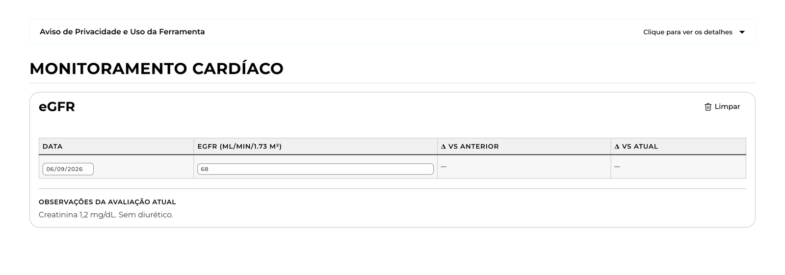 The results page rendered for print: white background, the privacy notice, the cardiac monitoring section and the eGFR table with date, value, the variation against the previous assessment and the observations, with no navigation, no hero image and no buttons.